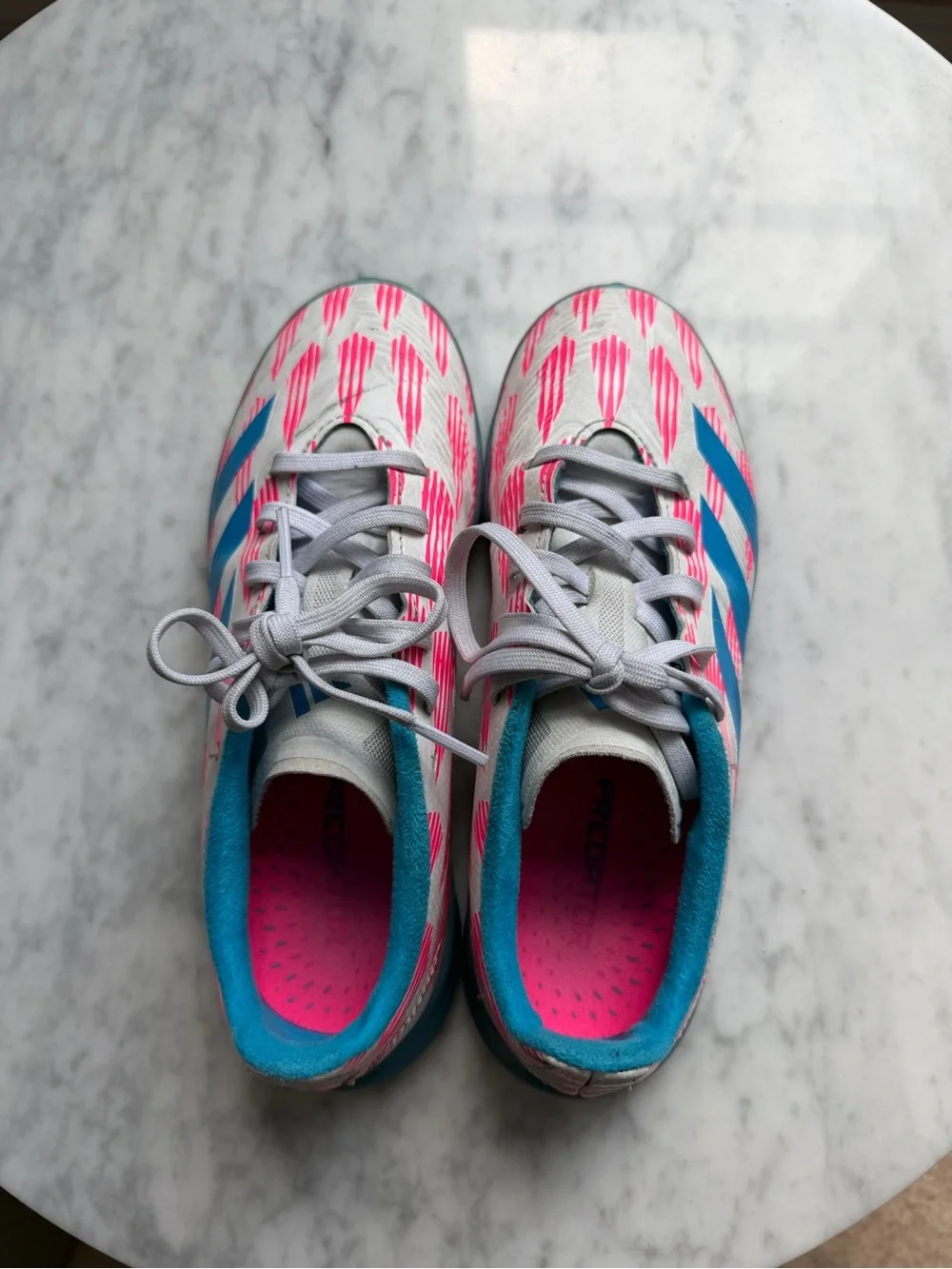 adidas Kids INDOOR soccer cleats with Pink Pattern and Blue Accents